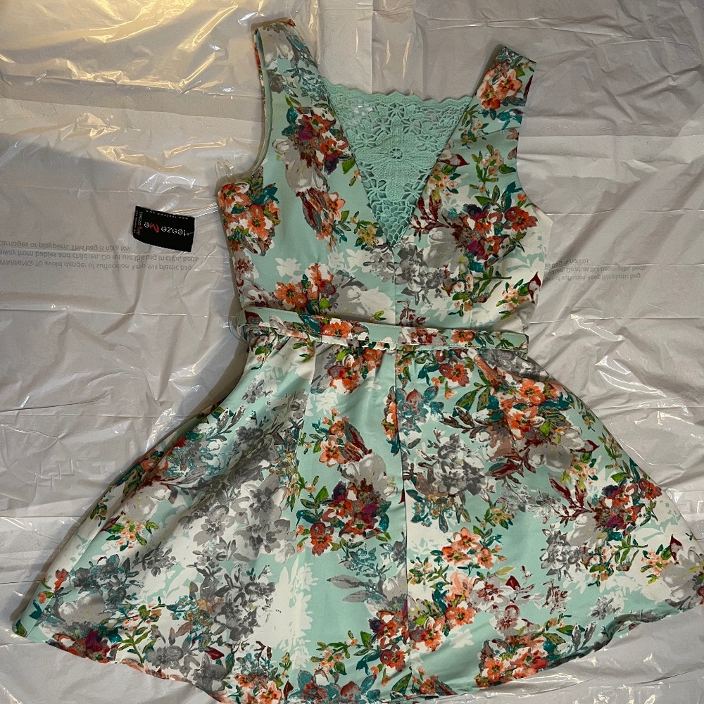 NWT Teeze Me Juniors Lace Back Sleeveless Fit&Flare Floral Dress in Mint 13/14 - Picture 7 of 16